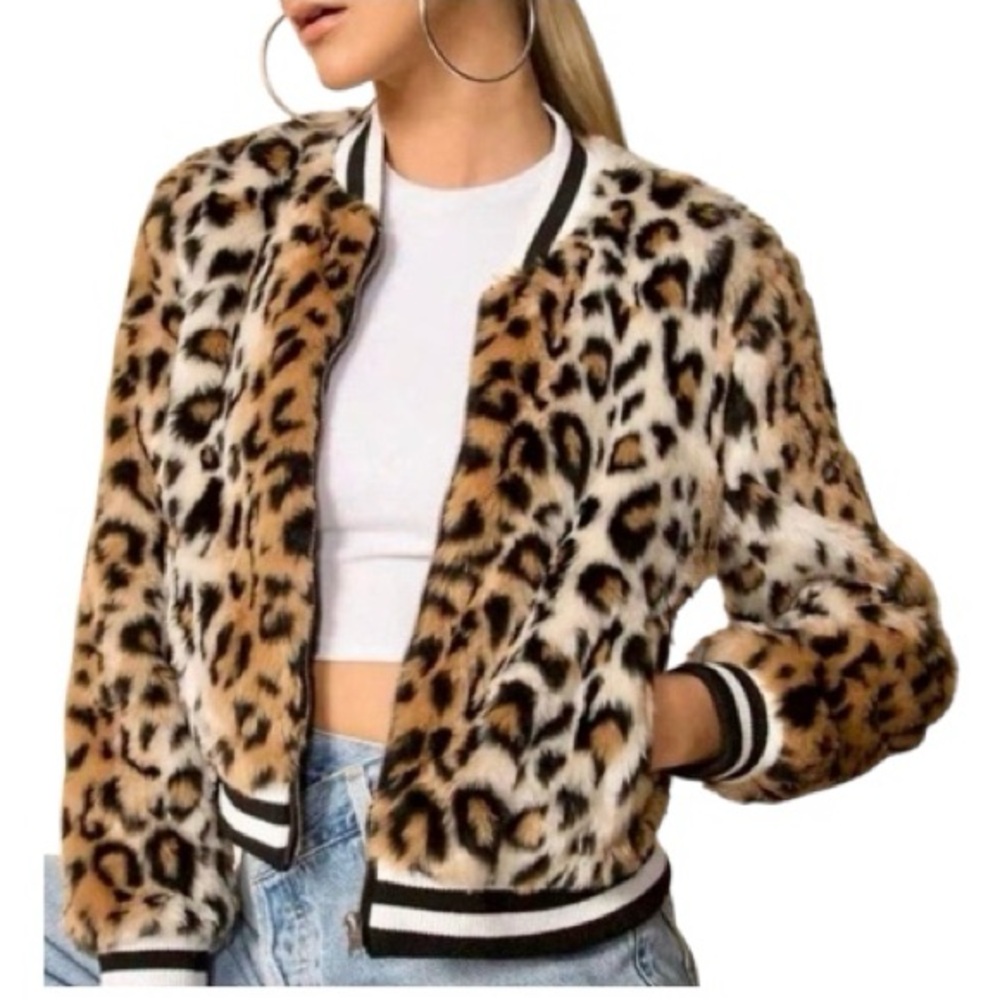 Jack By Bb Dakota Clever Girl Leopard Print Faux Fur Bomber Jacket XS
